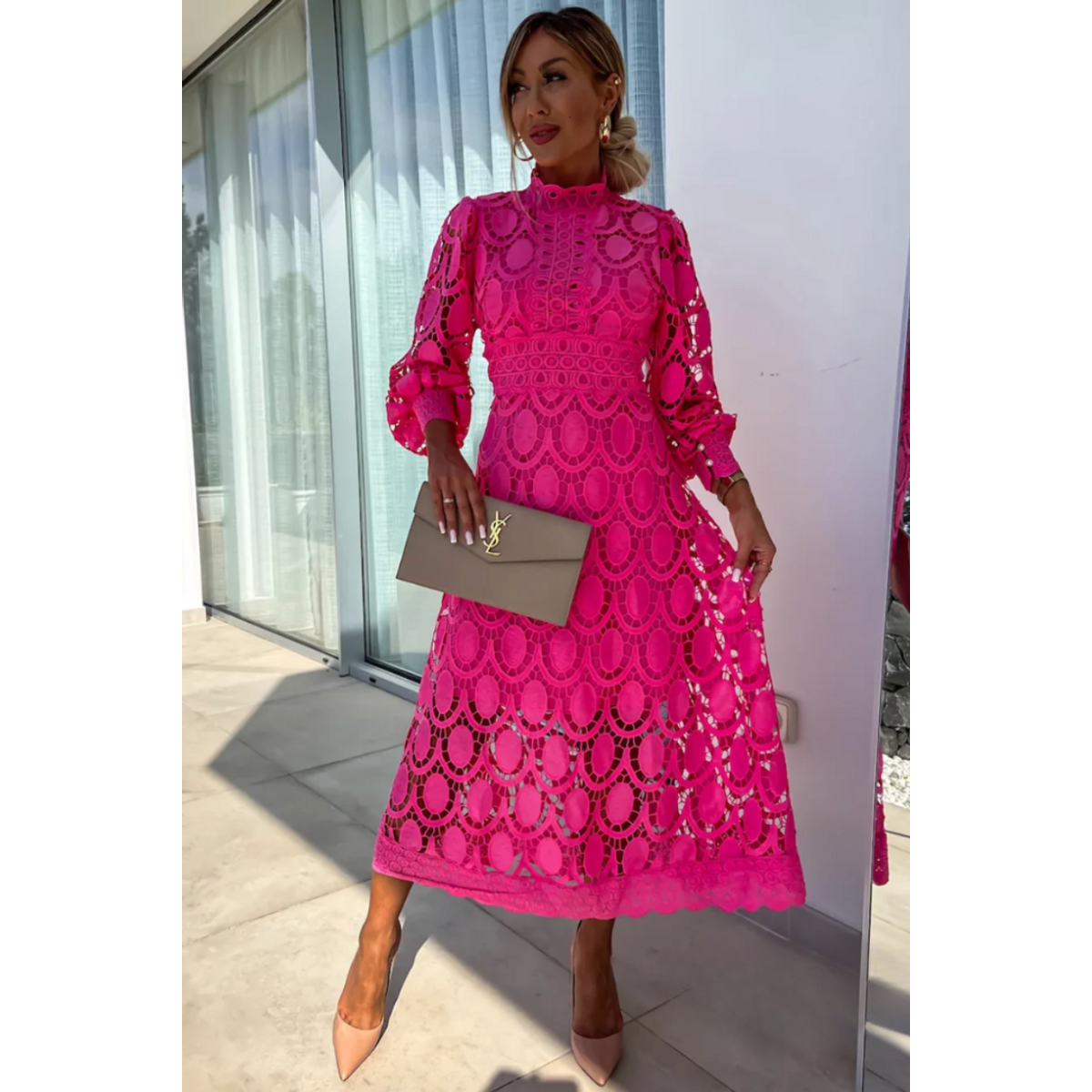 Elegant Lace Midi Dress Women Unique Detailing for Parties 1
