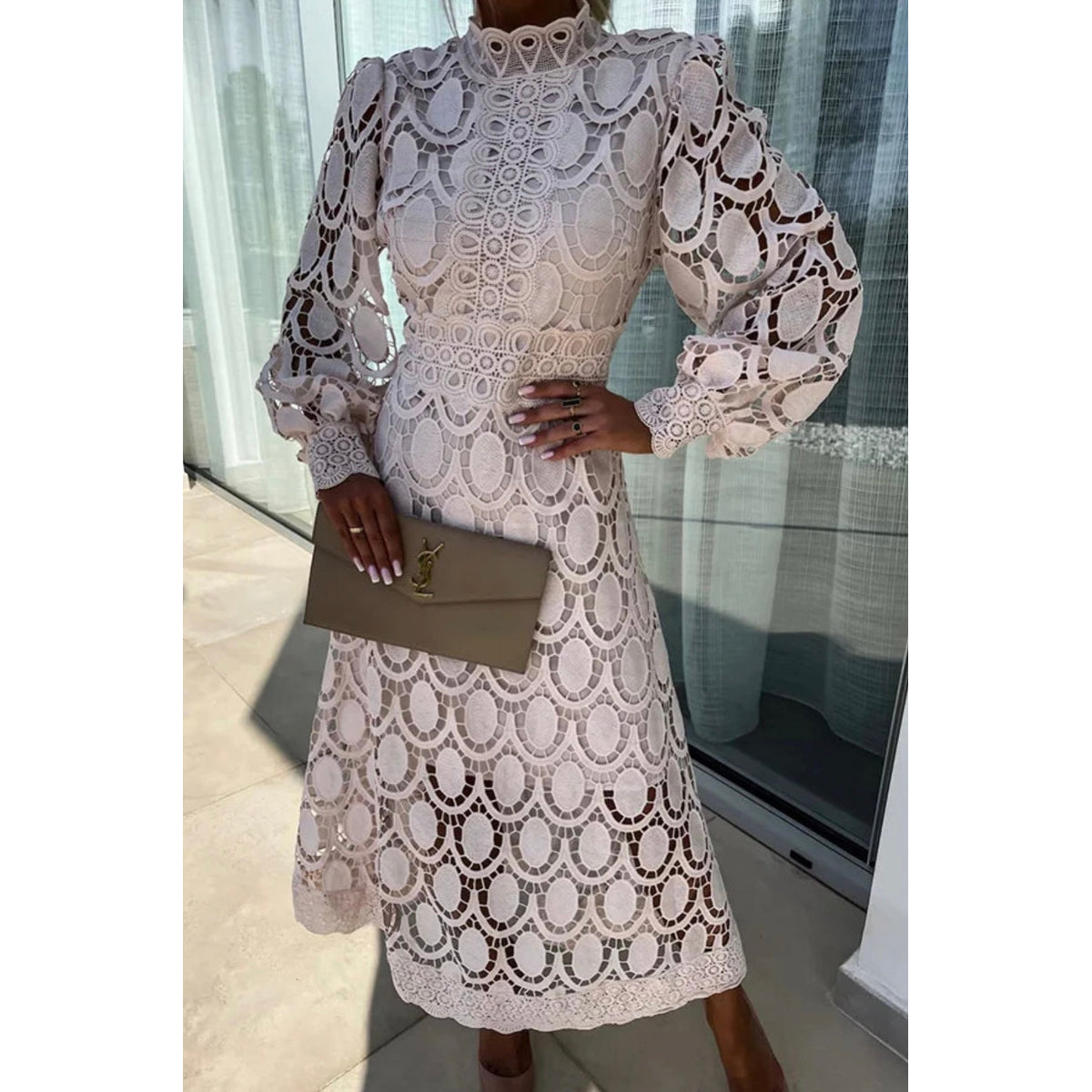 Elegant Lace Midi Dress Women Unique Detailing for Parties 2
