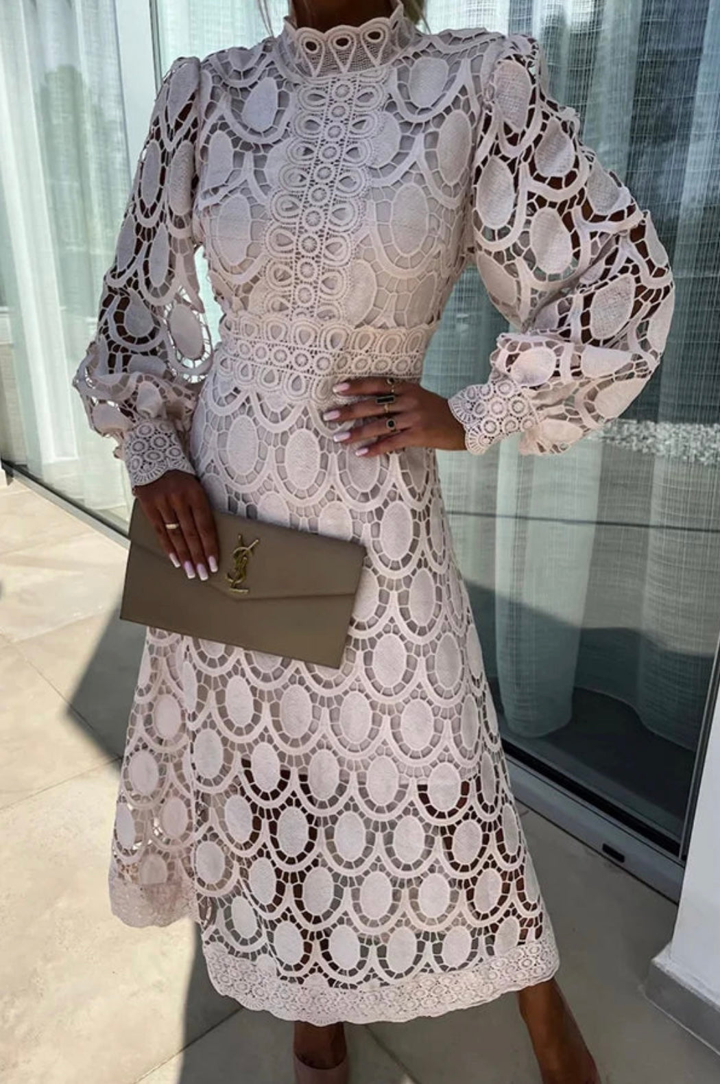 Elegant Lace Midi Dress Women Unique Detailing for Parties 2