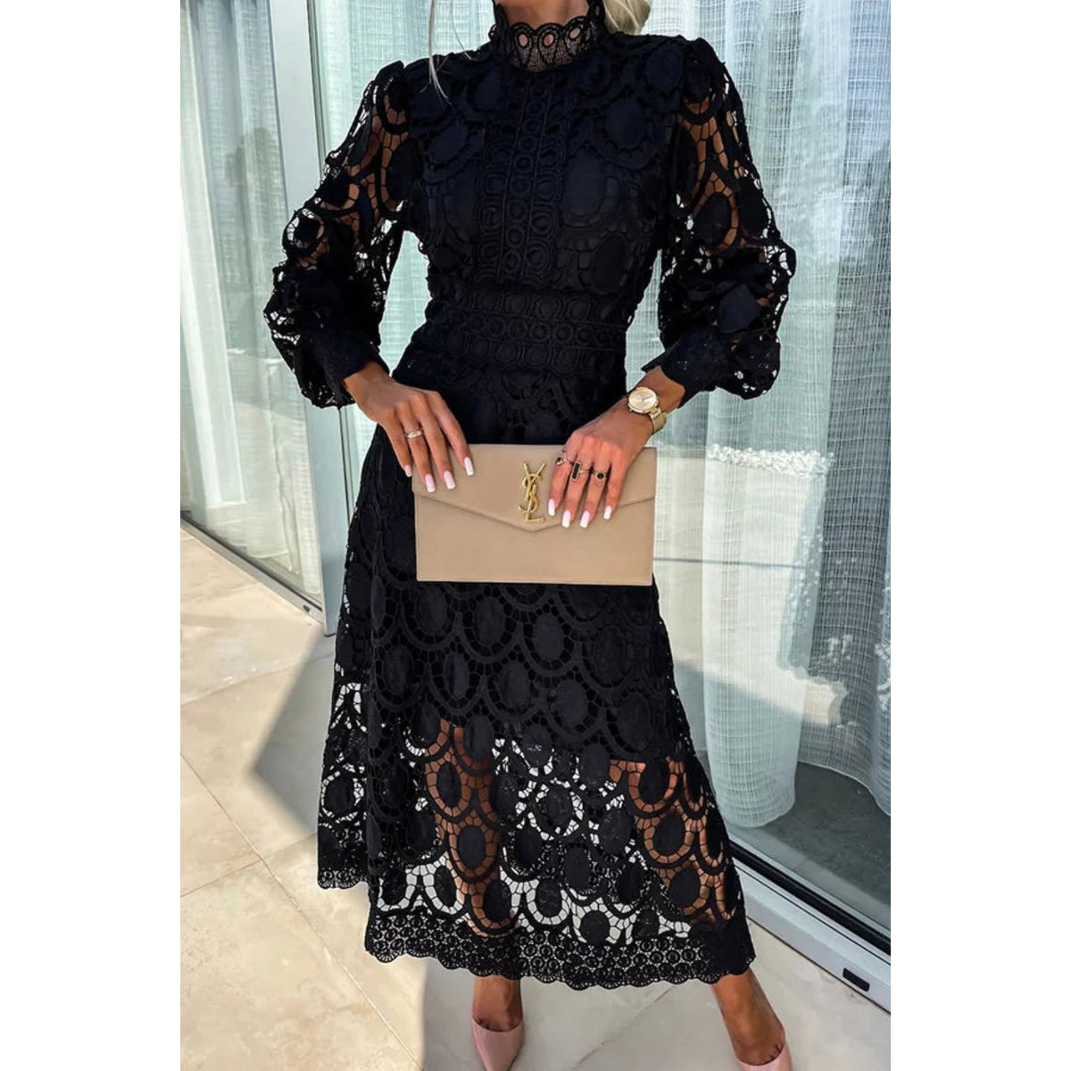 Elegant Lace Midi Dress Women Unique Detailing for Parties 3