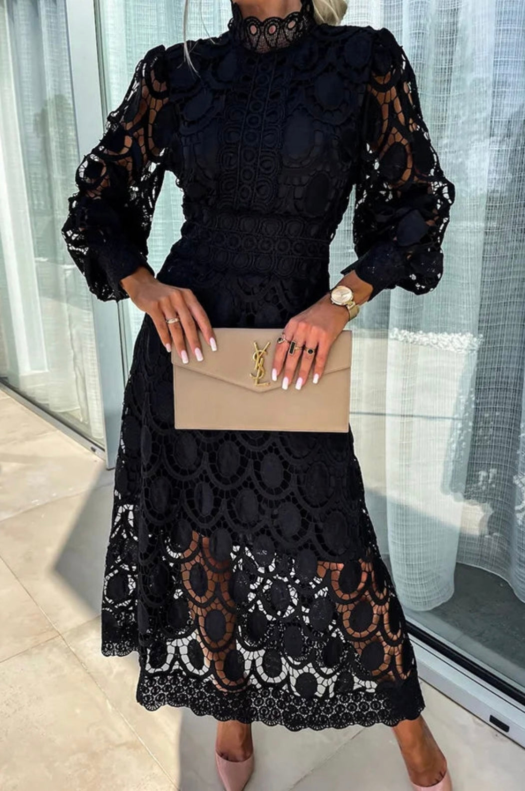 Elegant Lace Midi Dress Women Unique Detailing for Parties 3