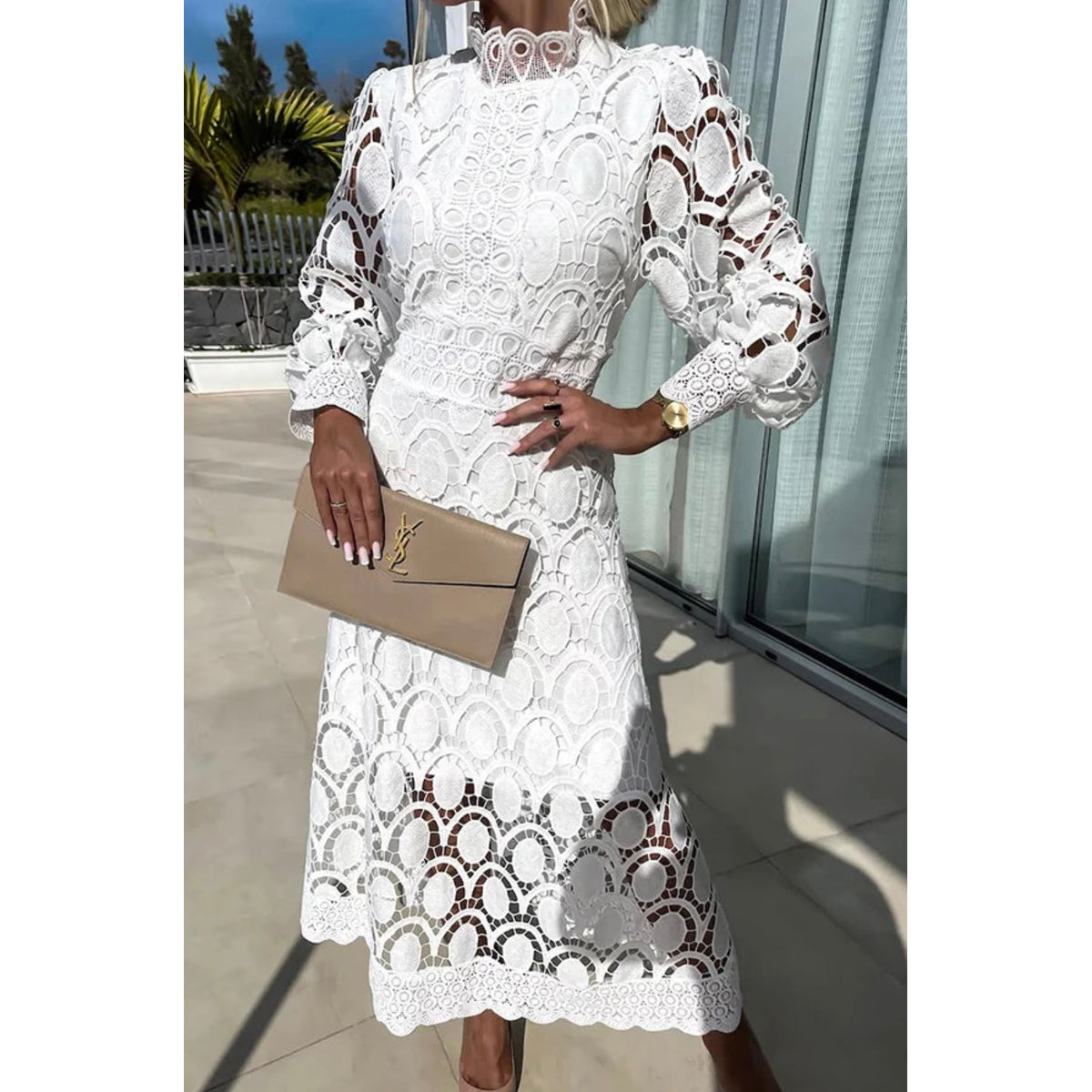 Elegant Lace Midi Dress Women Unique Detailing for Parties 4