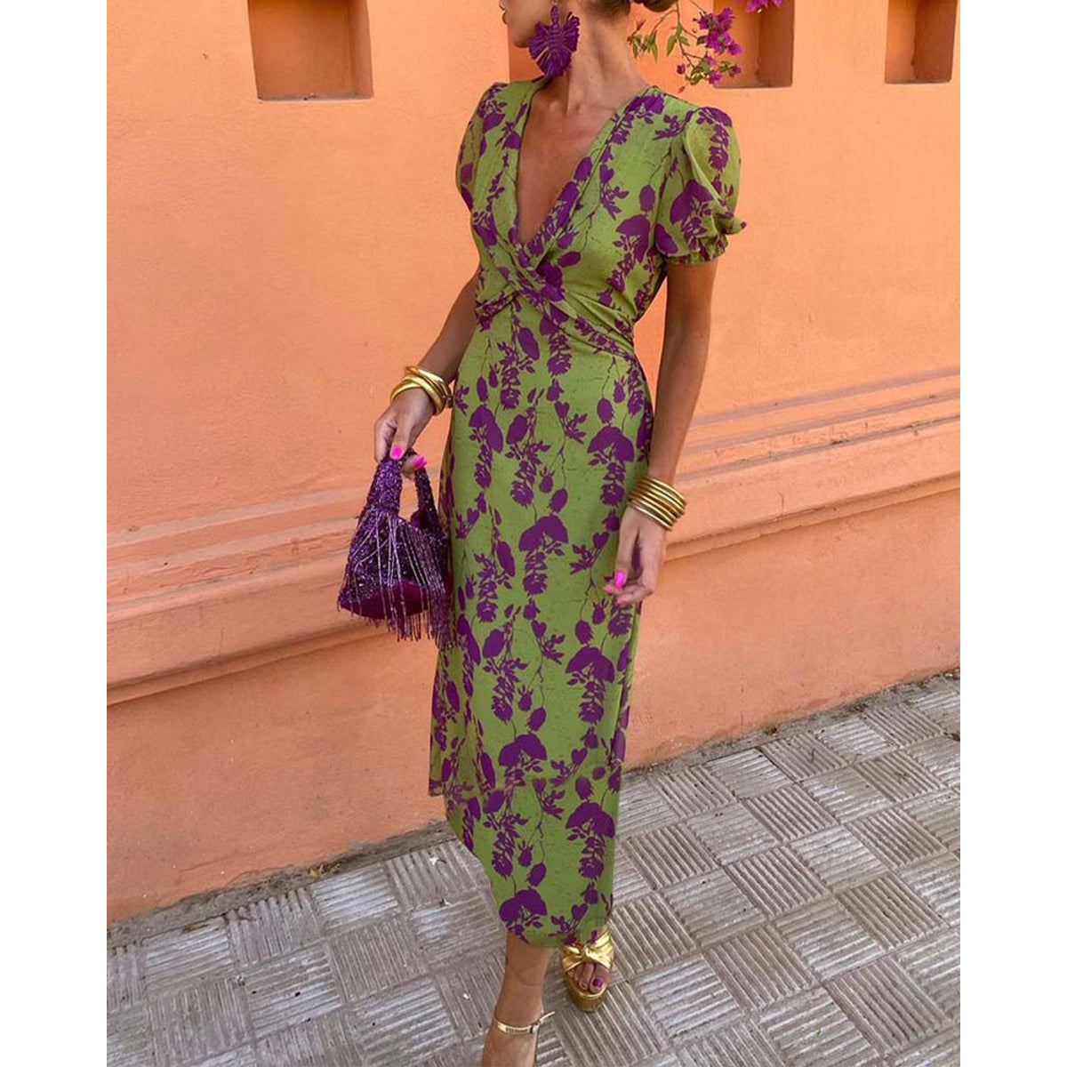 Elegant Leaf Print Deep V Puff Sleeve A-Line Dress 0