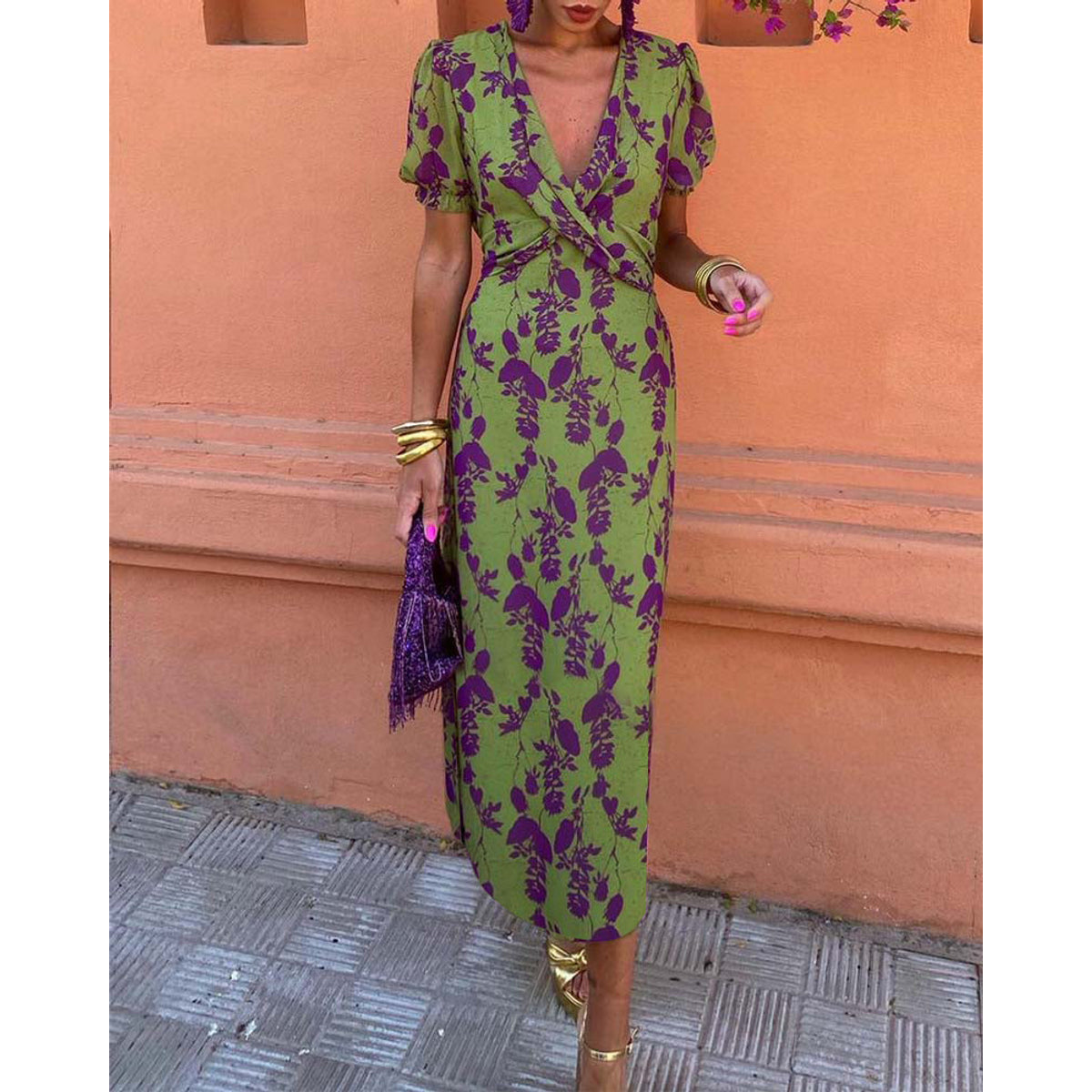 Elegant Leaf Print Deep V Puff Sleeve A-Line Dress 1
