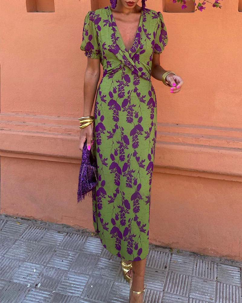 Elegant Leaf Print Deep V Puff Sleeve A-Line Dress 1