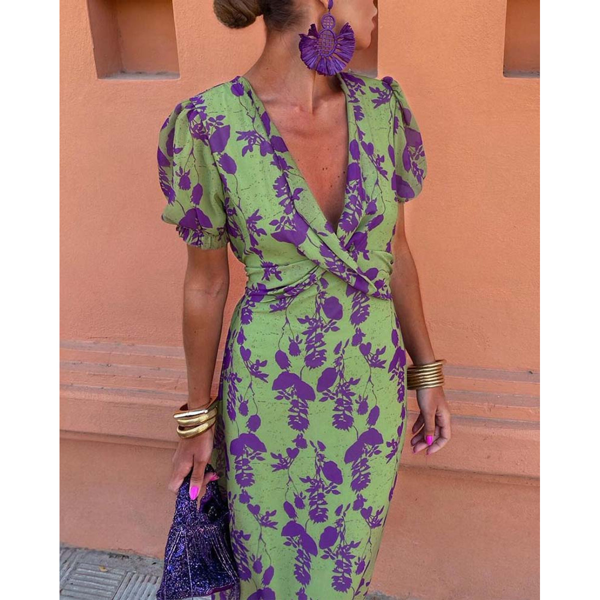 Elegant Leaf Print Deep V Puff Sleeve A-Line Dress 4