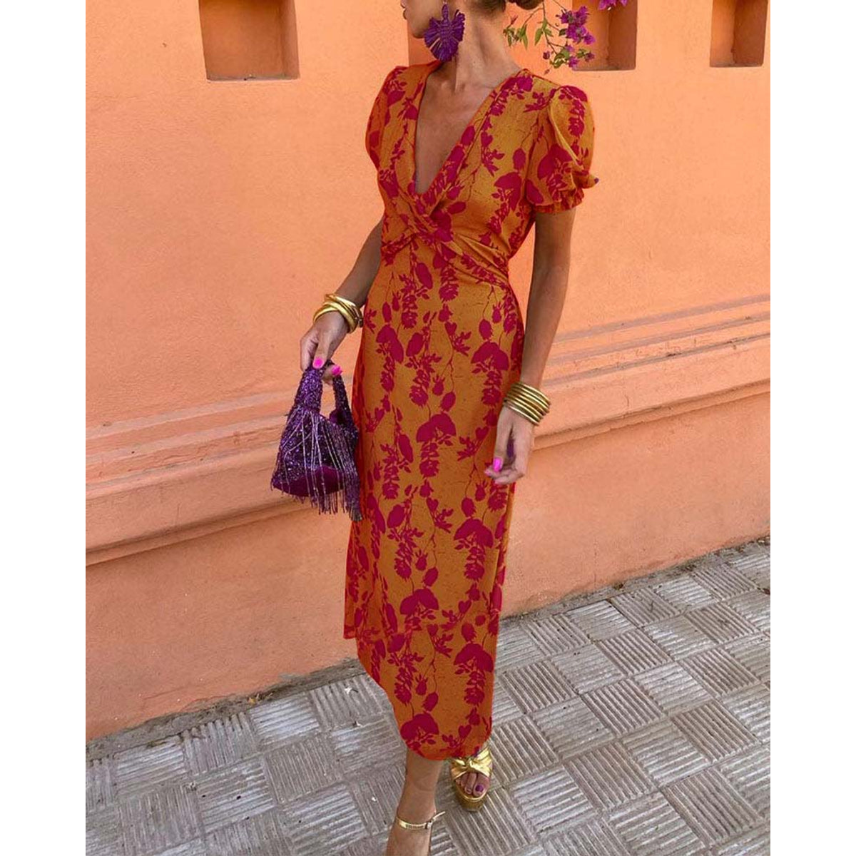Elegant Leaf Print Deep V Puff Sleeve A-Line Dress 5