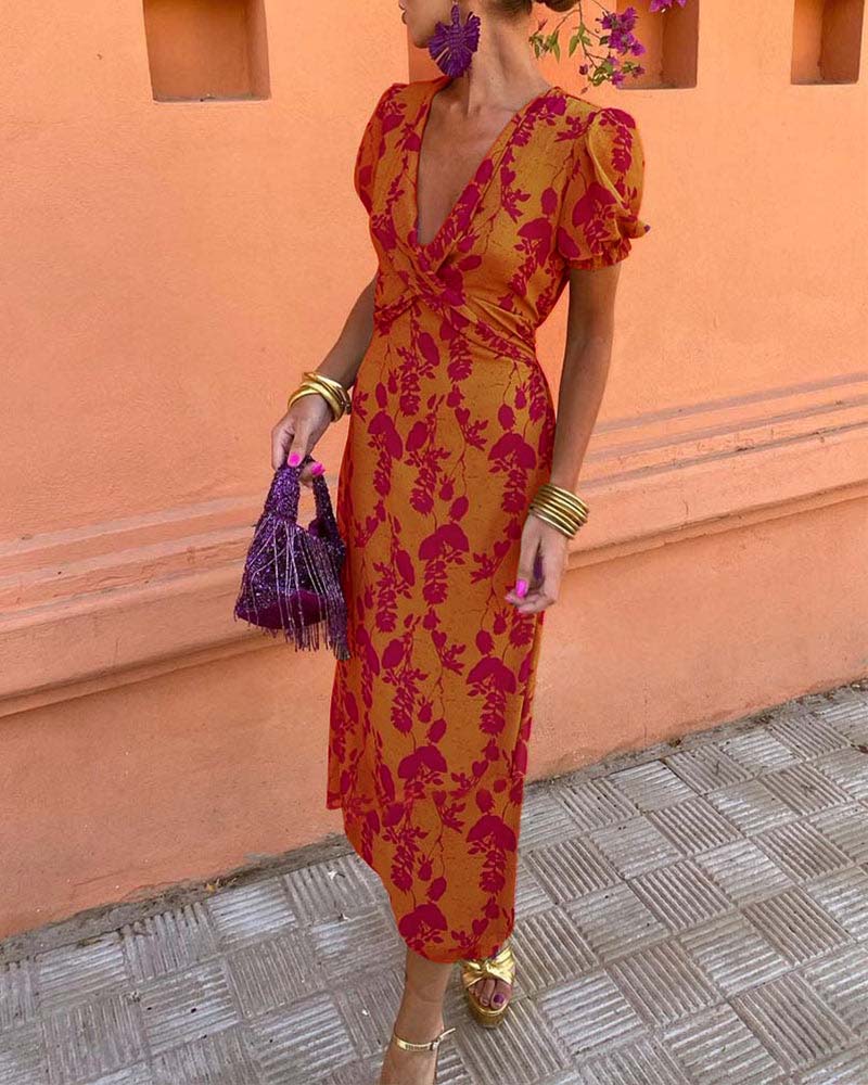 Elegant Leaf Print Deep V Puff Sleeve A-Line Dress 5