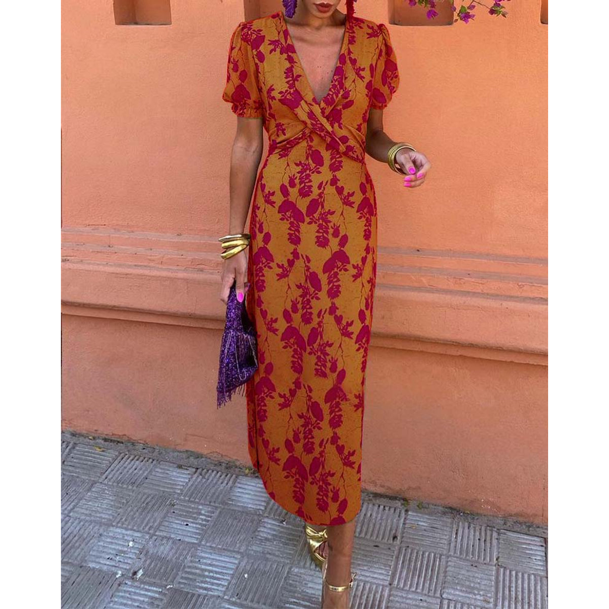 Elegant Leaf Print Deep V Puff Sleeve A-Line Dress 6