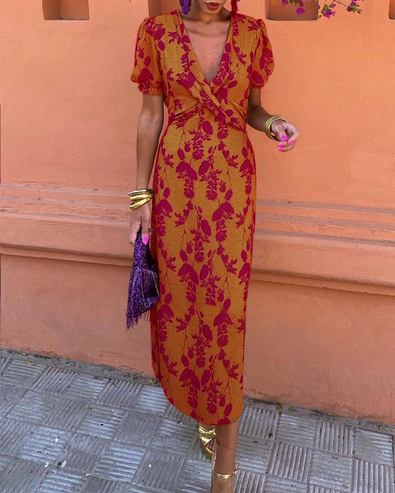Elegant Leaf Print Deep V Puff Sleeve A-Line Dress 6