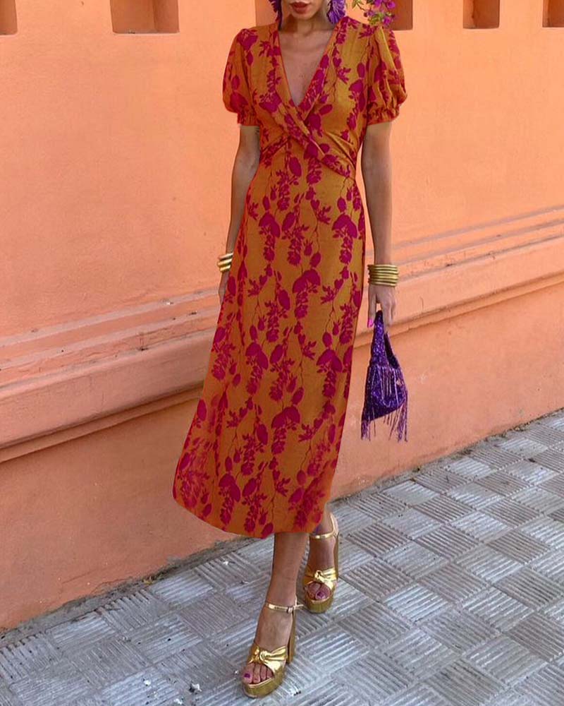 Elegant Leaf Print Deep V Puff Sleeve A-Line Dress 7