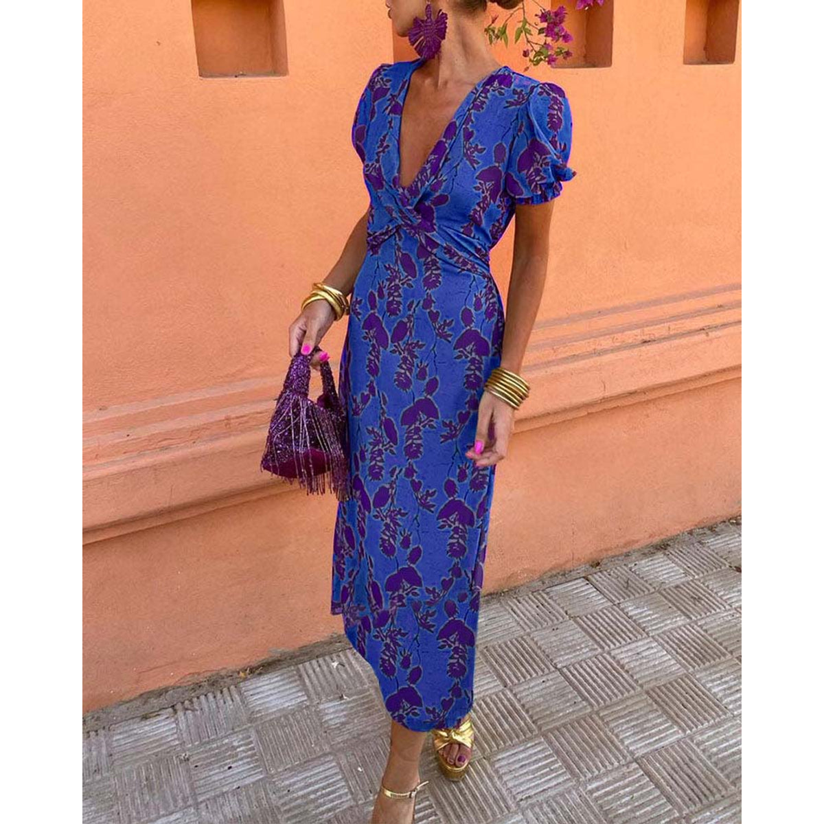 Elegant Leaf Print Deep V Puff Sleeve A-Line Dress 8