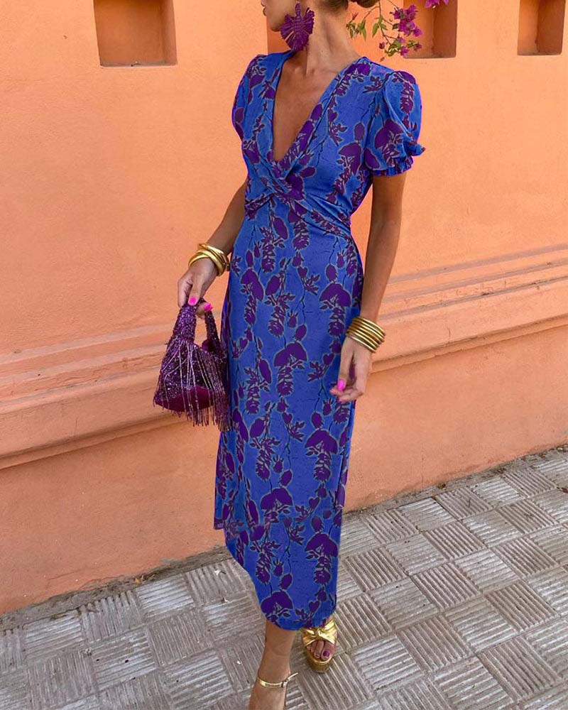 Elegant Leaf Print Deep V Puff Sleeve A-Line Dress 8