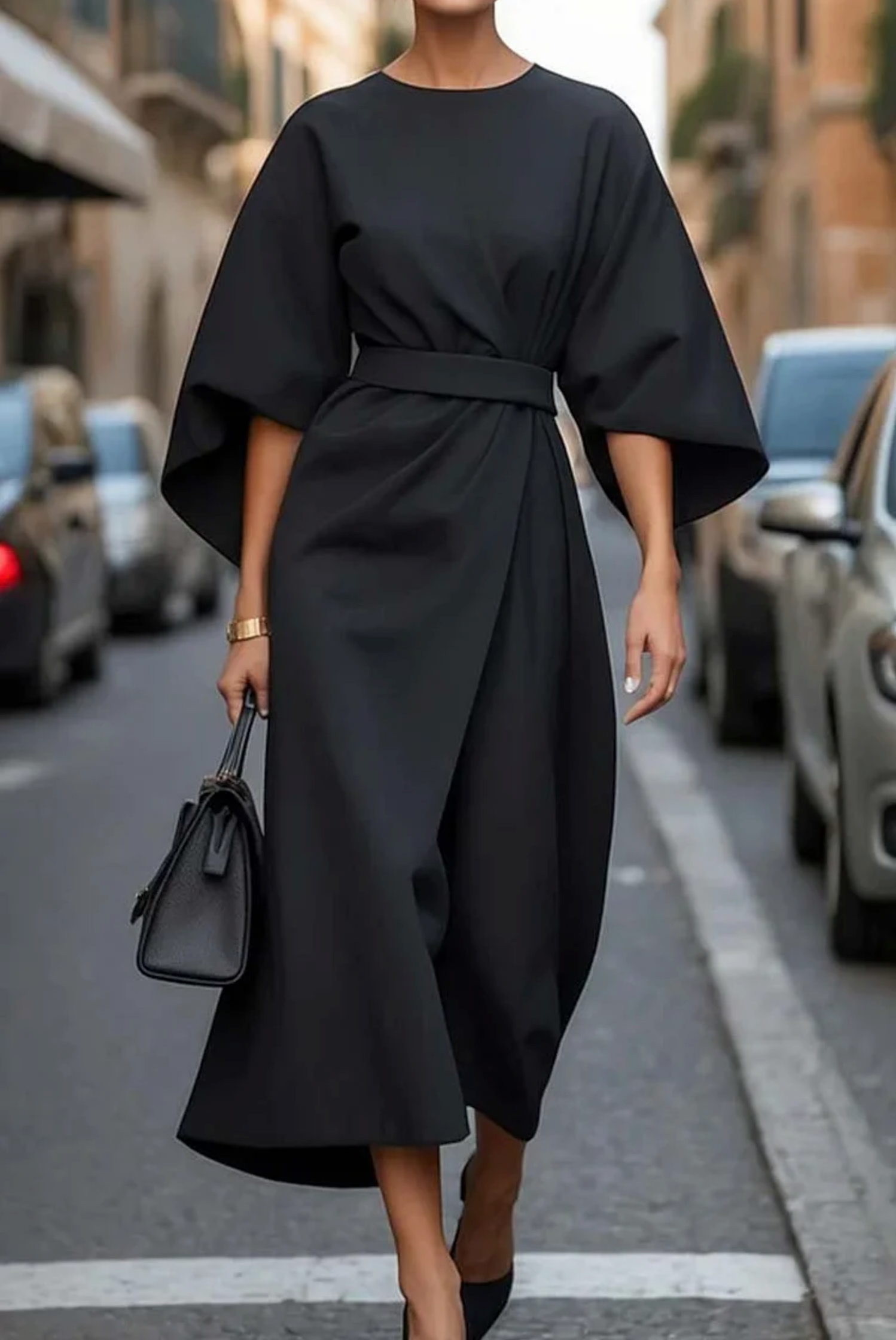 Elegant Women's Dress with Lantern Sleeves and Waist-Cinching Belt for Formal Events 1