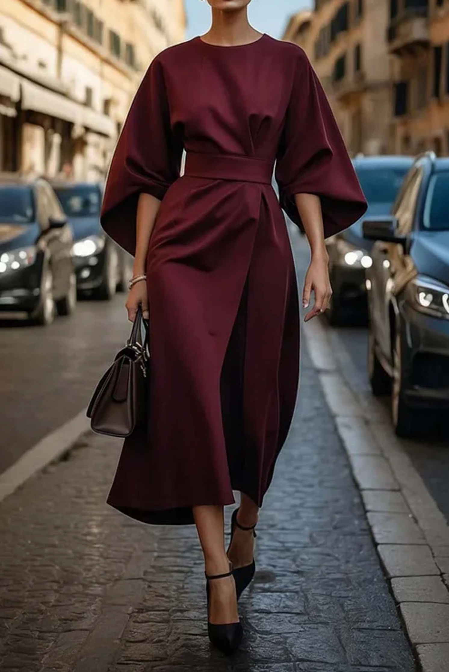 Elegant Women's Dress with Lantern Sleeves and Waist-Cinching Belt for Formal Events 4