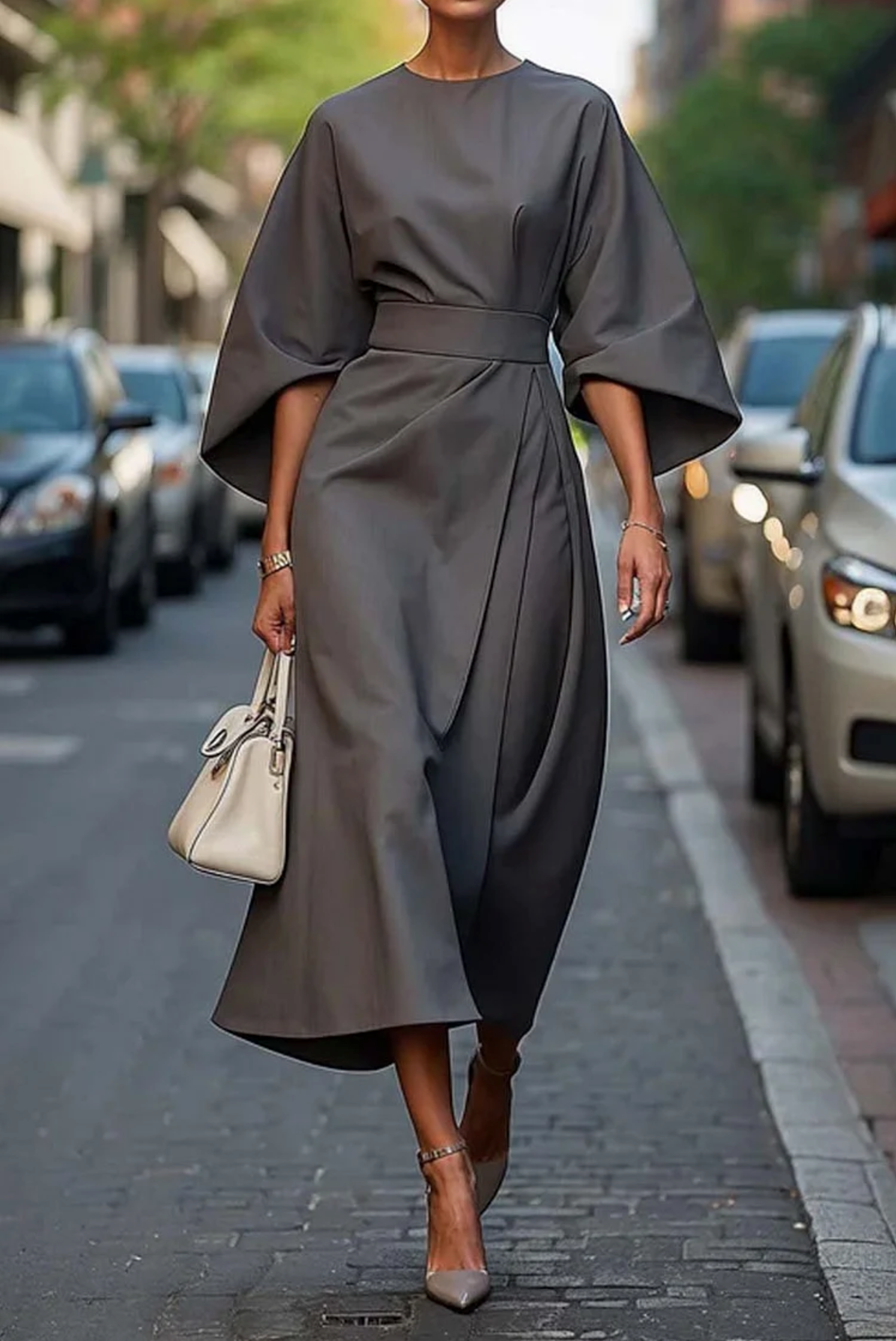 Elegant Women's Dress with Lantern Sleeves and Waist-Cinching Belt for Formal Events 5