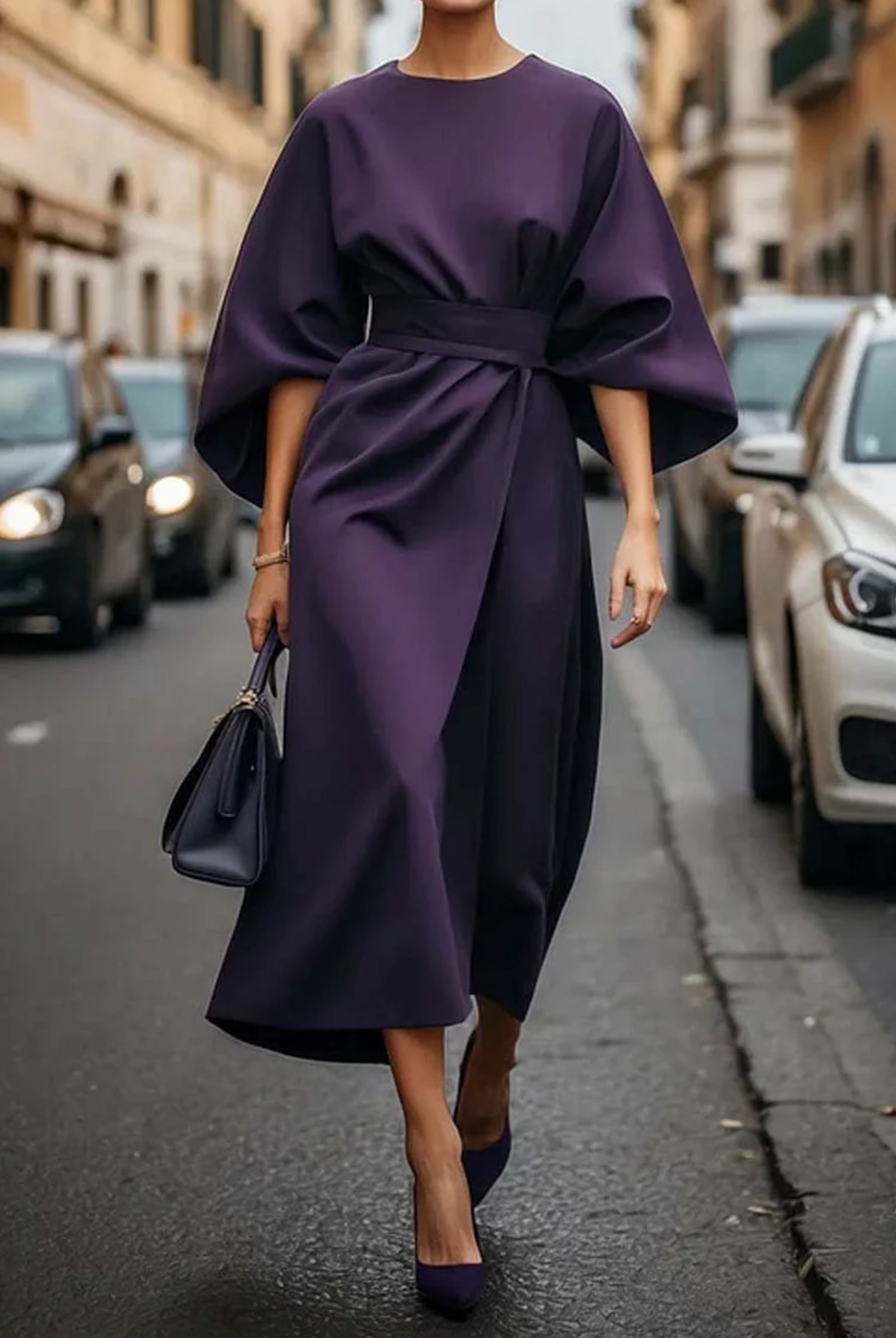 Elegant Women's Dress with Lantern Sleeves and Waist-Cinching Belt for Formal Events 6