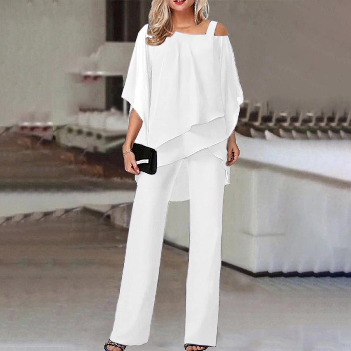 Elegant Women's Jumpsuit Cold Shoulder Two-Piece Set Chic Fashion 3