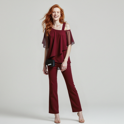 Elegant Women's Jumpsuit Cold Shoulder Two-Piece Set Chic Fashion 4
