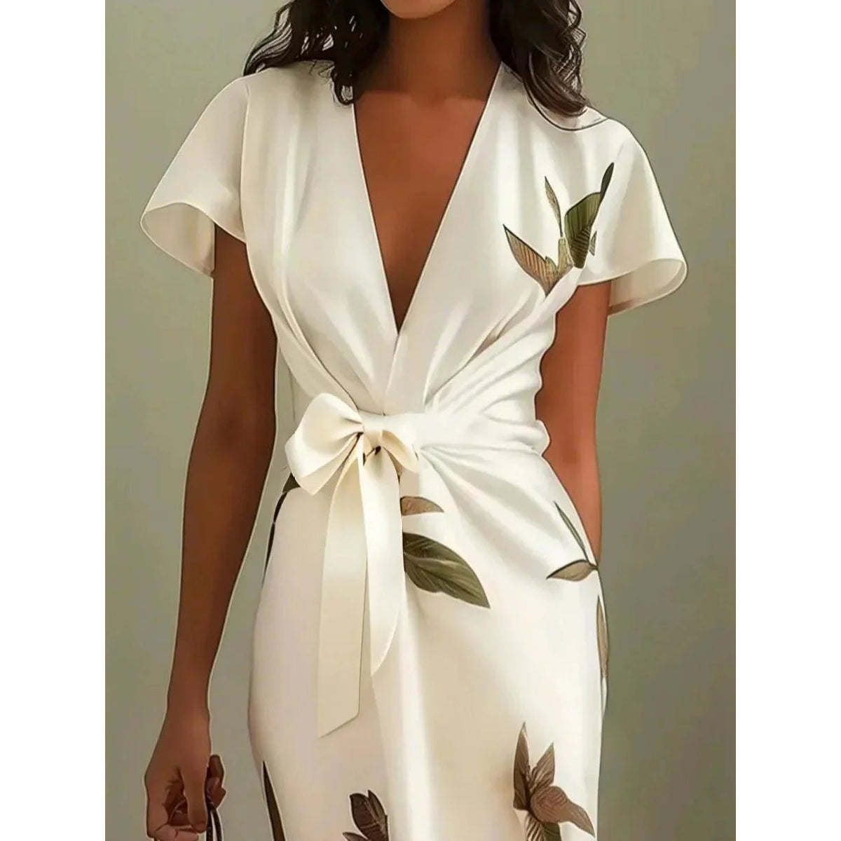 Elegant Wrap Dress Women Leaf Print Summer Wedding Guest Dress 1