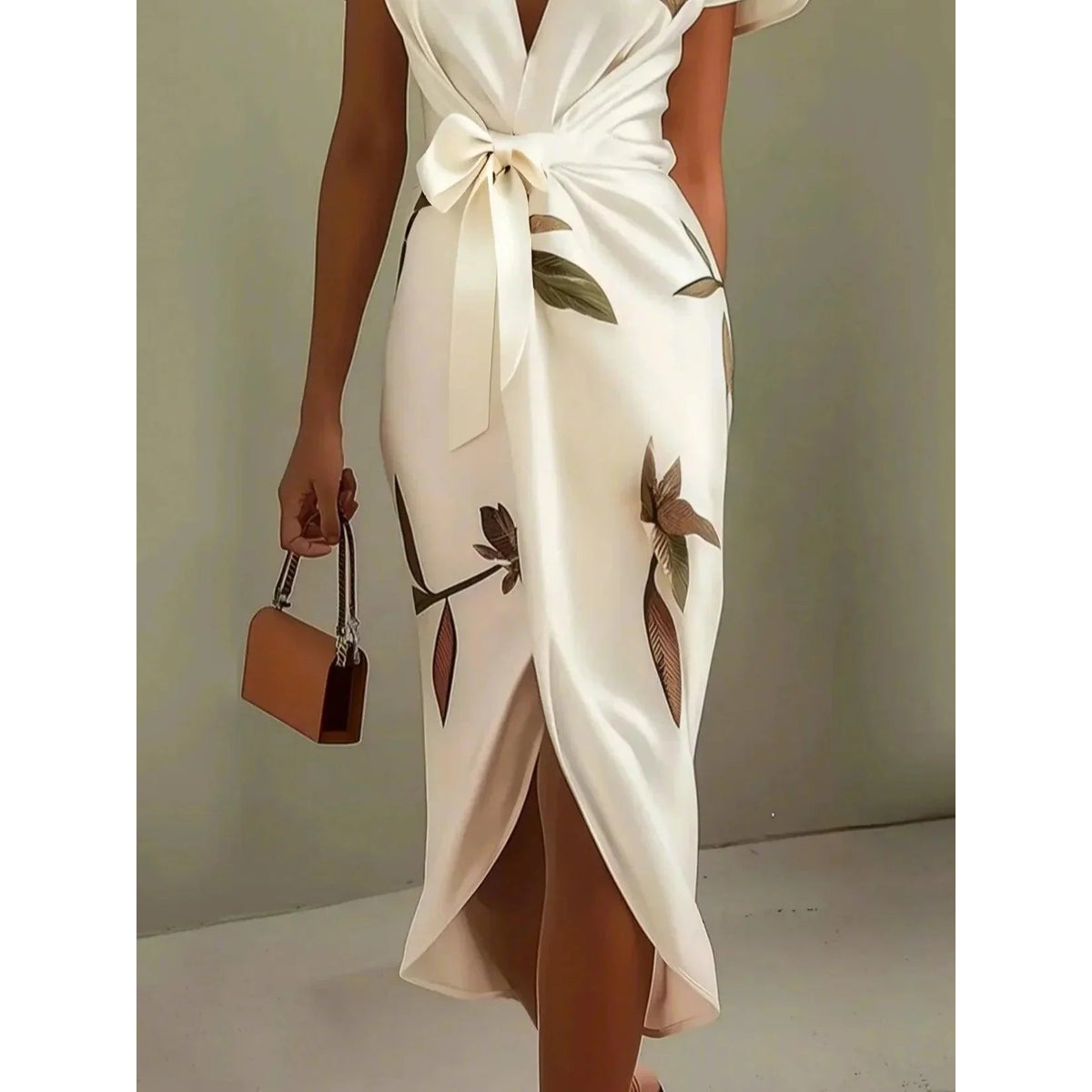 Elegant Wrap Dress Women Leaf Print Summer Wedding Guest Dress 2