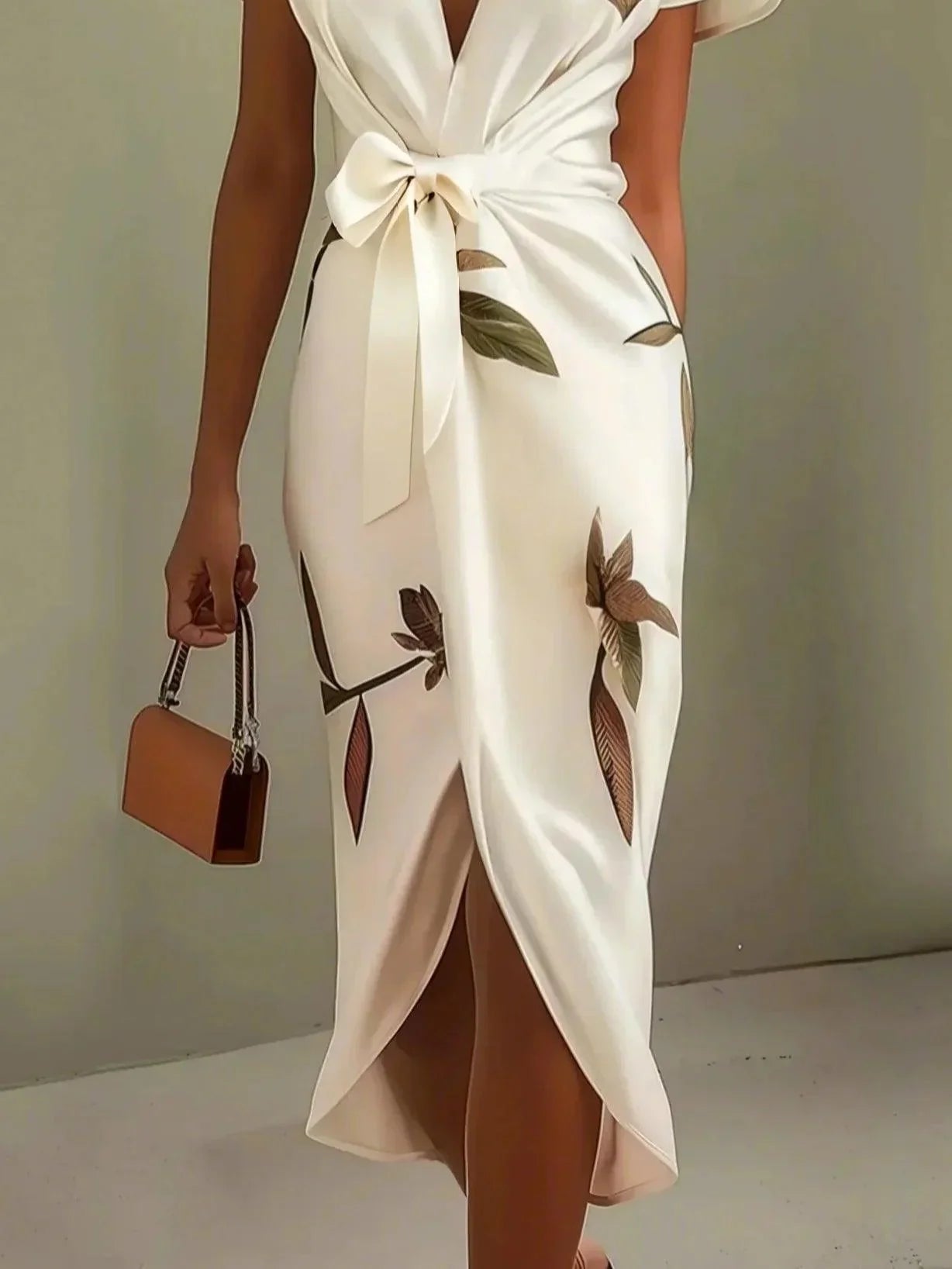 Elegant Wrap Dress Women Leaf Print Summer Wedding Guest Dress 2