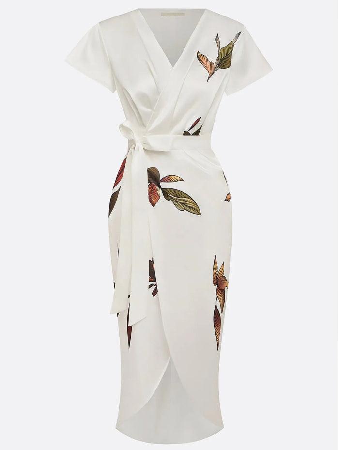Elegant Wrap Dress Women Leaf Print Summer Wedding Guest Dress 3