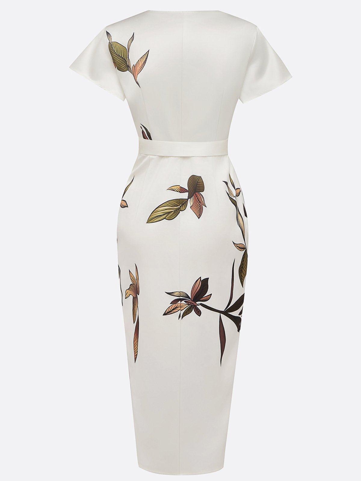 Elegant Wrap Dress Women Leaf Print Summer Wedding Guest Dress 4
