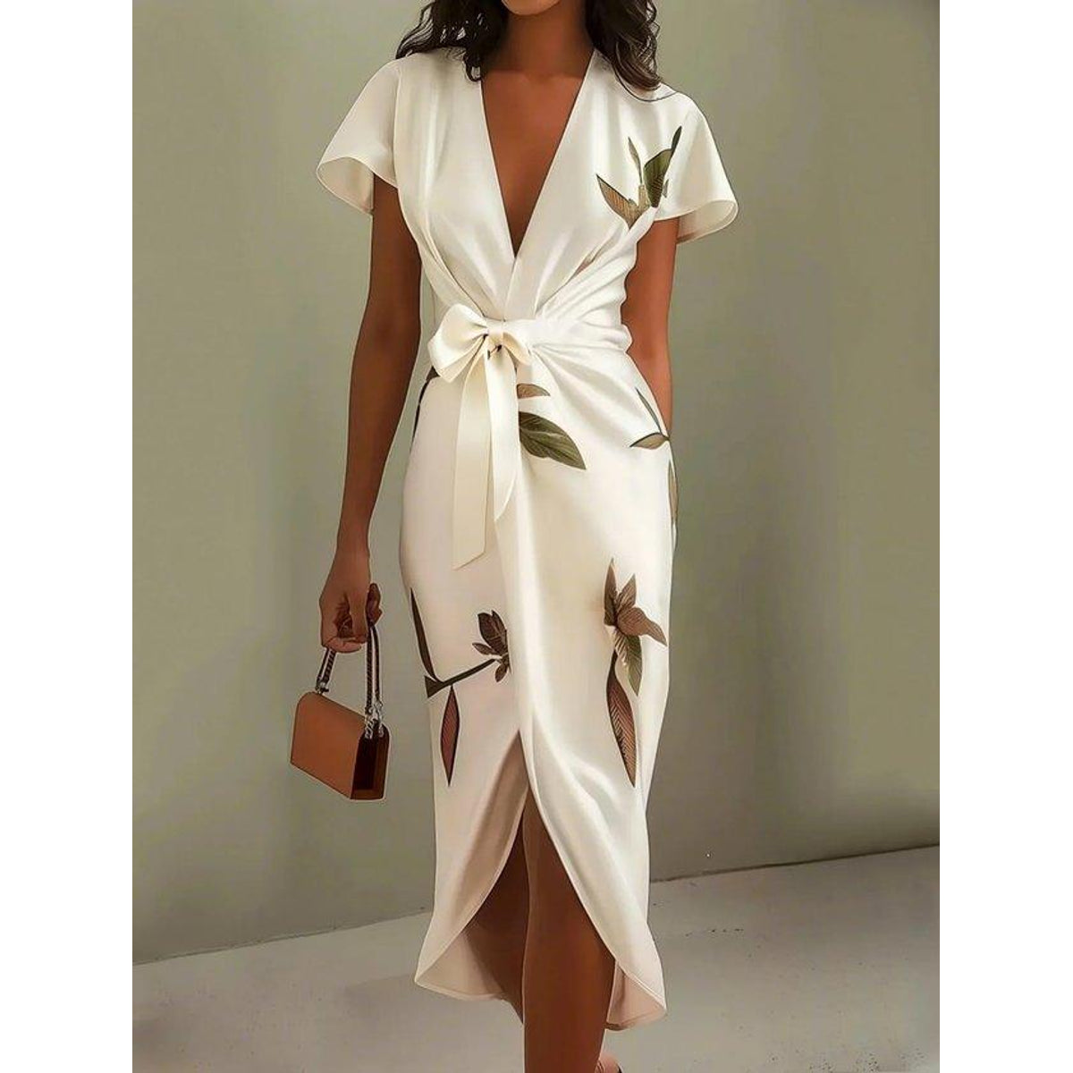 Elegant Wrap Dress Women Leaf Print Summer Wedding Guest Dress 7