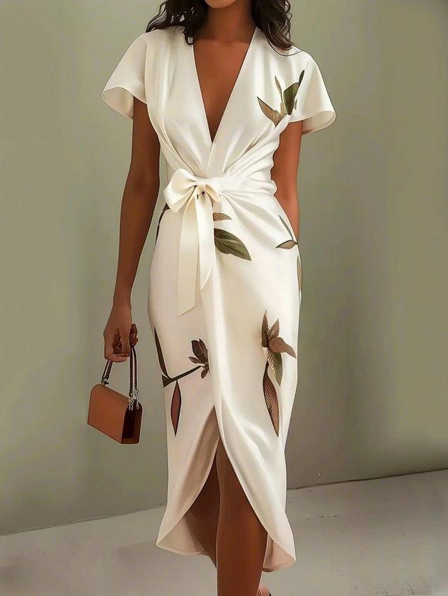 Elegant Wrap Dress Women Leaf Print Summer Wedding Guest Dress 7