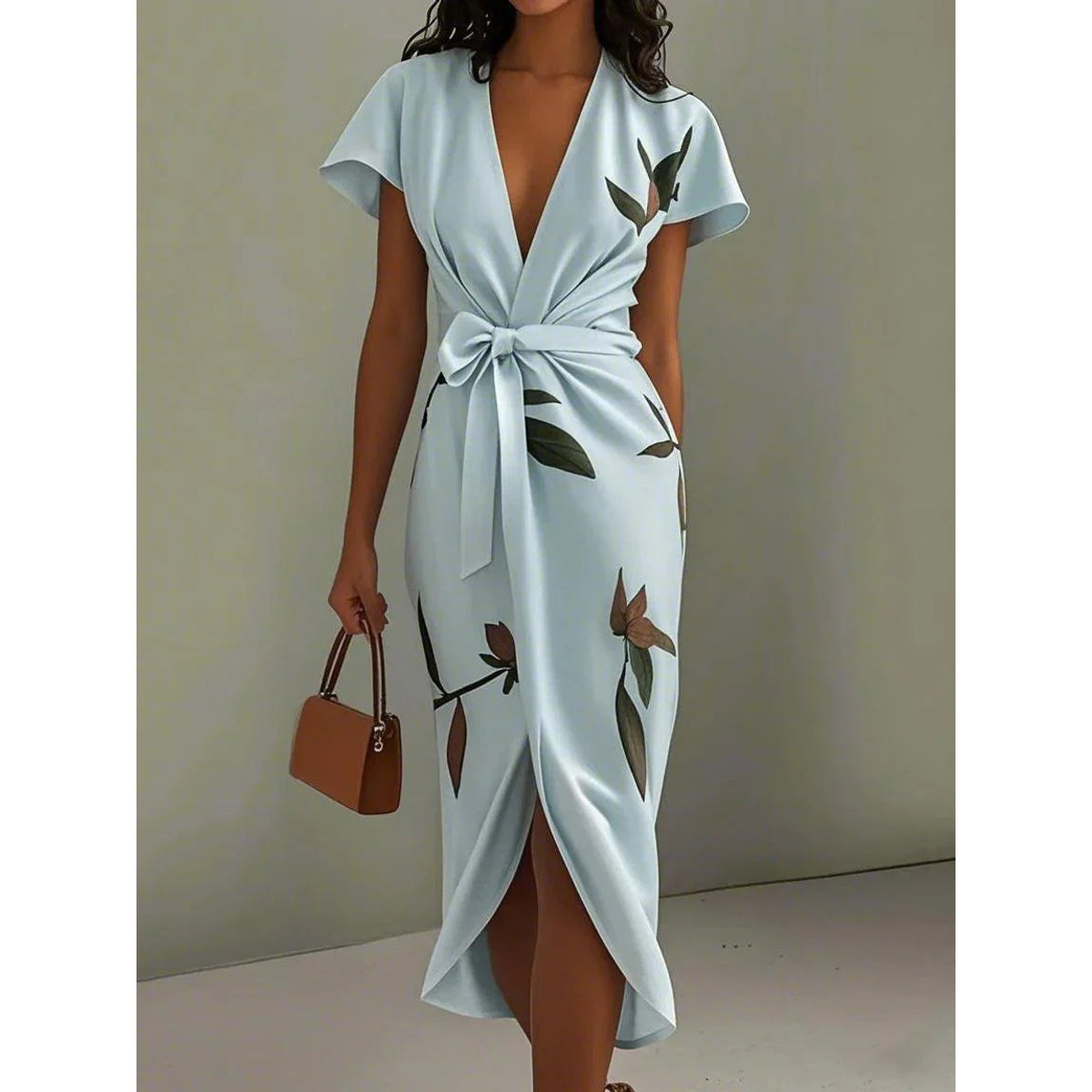 Elegant Wrap Dress Women Leaf Print Summer Wedding Guest Dress 8