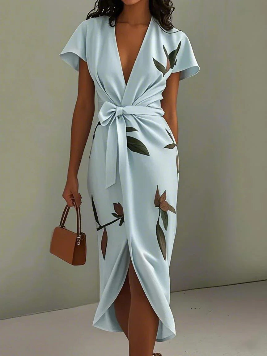Elegant Wrap Dress Women Leaf Print Summer Wedding Guest Dress 8