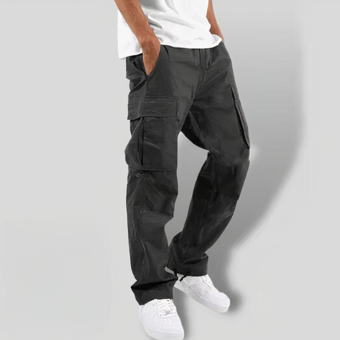 Fabio - Mens Black Cargo Pants with High Waist, Utility Pockets & Relaxed Fit 0
