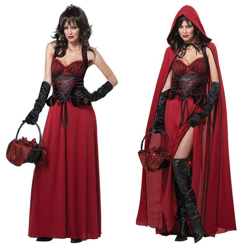 Fairytale Dress Costume Maxi Red Hooded Cloak for Women's Halloween Costumes 0
