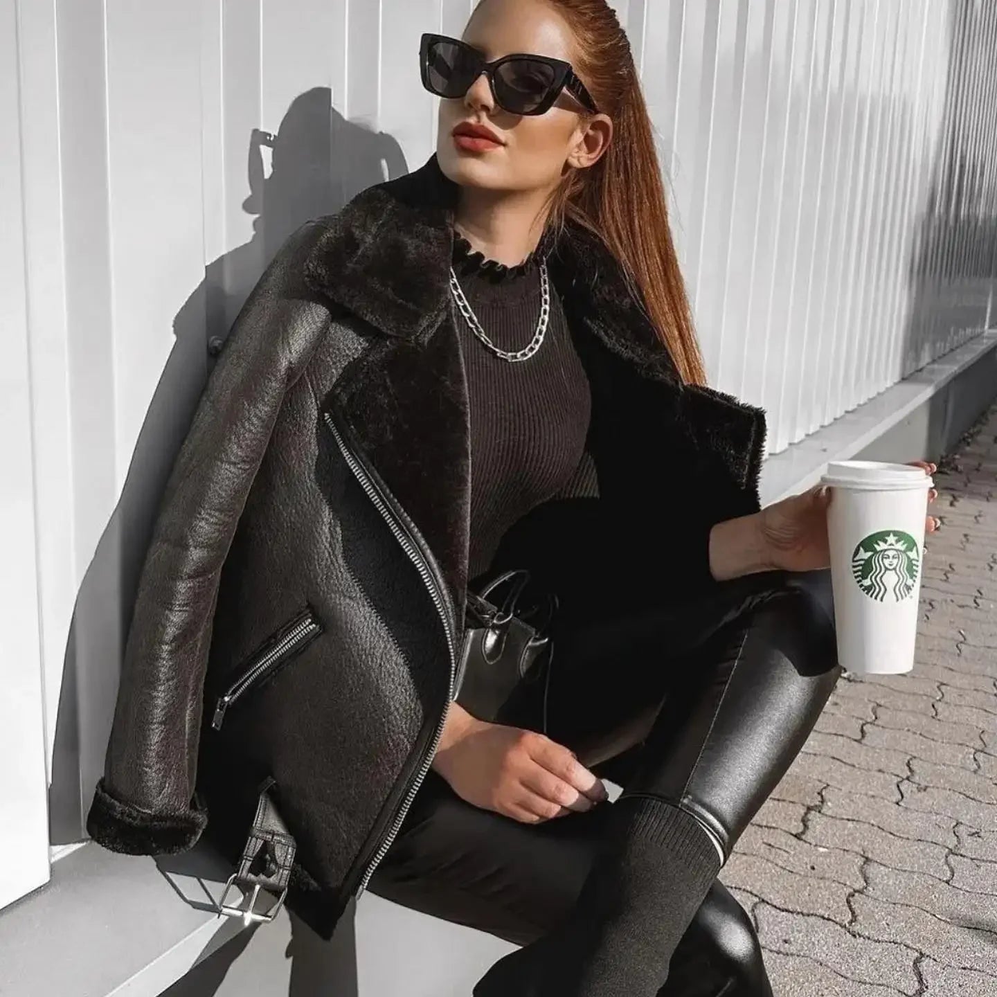 Faux Fur Coat Women Winter Biker Jacket with Belt Stylish Warmth 0