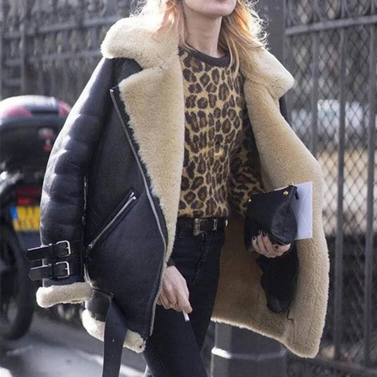 Faux Fur Lined Moto Jacket Women Stylish Urban Chic Winter Outerwear 2