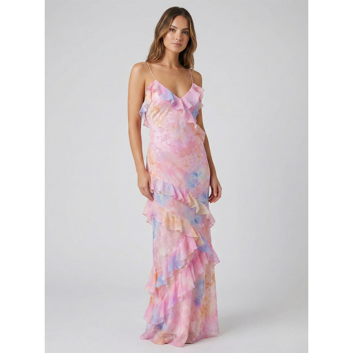 Floral Maxi Dress Women Soft Pastel Ruffle Flowing Long Dress 0