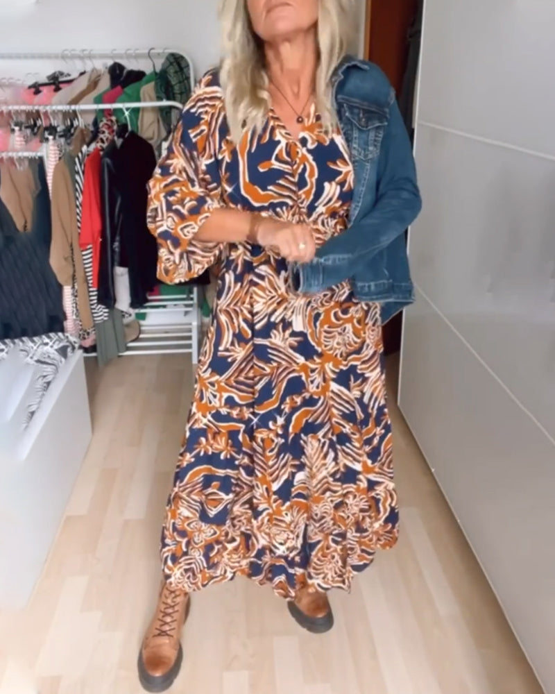 Floral Maxi Dress with Sleeves V Neck A-Line Casual for Vacation 0