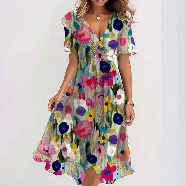 Floral Midi Dress Women Elegant Linen Summer Wedding Guest Dress 2