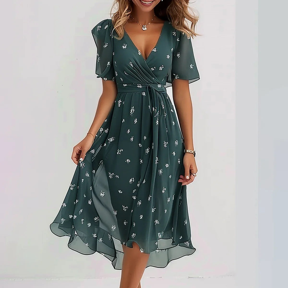 Floral Midi Dress Women Elegant Linen Summer Wedding Guest Dress 3