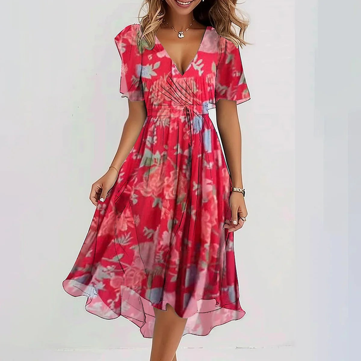 Floral Midi Dress Women Elegant Linen Summer Wedding Guest Dress 4