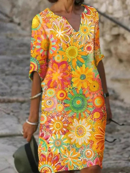 Floral Print Dress Women V-Neck Casual Chic Summer Fashion 0