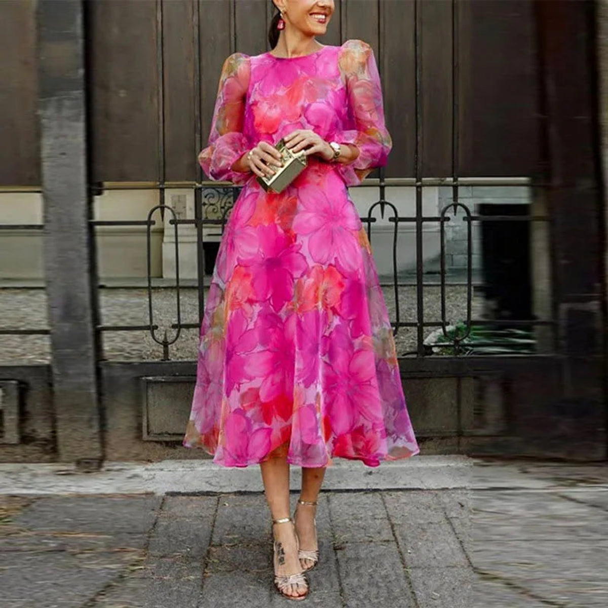 Floral Print Midi Dress Women Elegant Wedding Guest Summer Attire 0