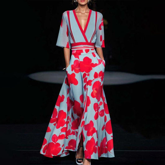 Floral Print V-Neck Maxi Dress Women Elbow Sleeves with Pockets 0