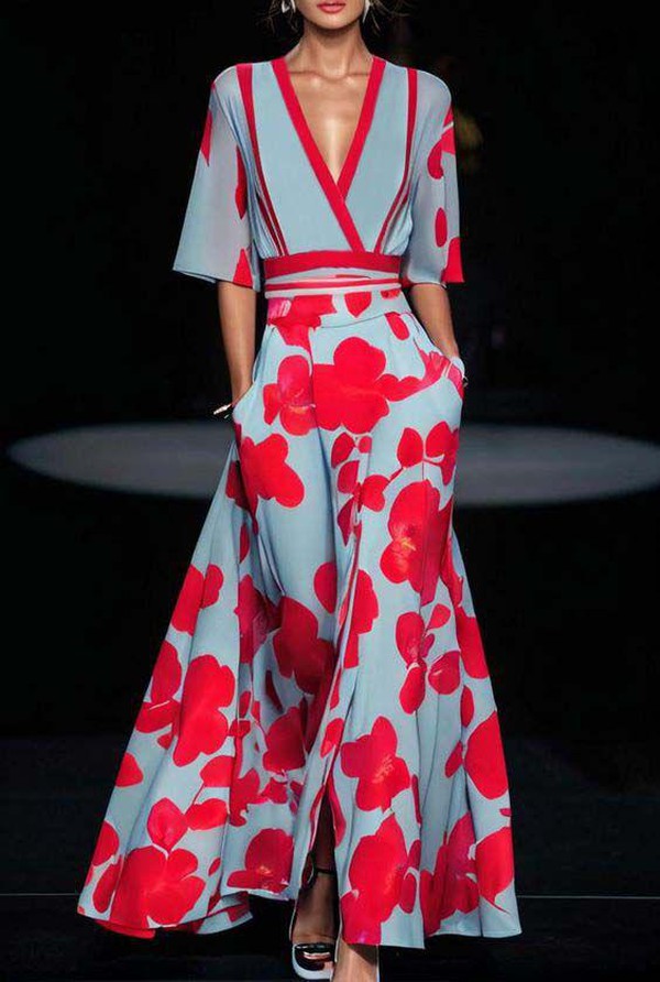 Floral Print V-Neck Maxi Dress Women Elbow Sleeves with Pockets 1