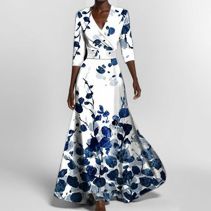 Floral Print V-Neck Maxi Dress Women Elbow Sleeves with Pockets 2
