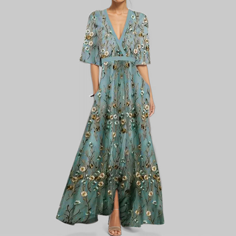 Floral Print V-Neck Maxi Dress Women Elbow Sleeves with Pockets 5