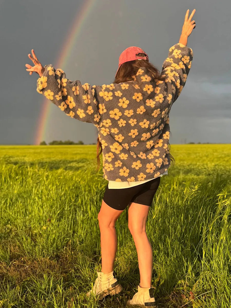 Floraler Quarter-Zip Pullover Ultra-weiches Sherpa Gemütliche Schicht Freizeit