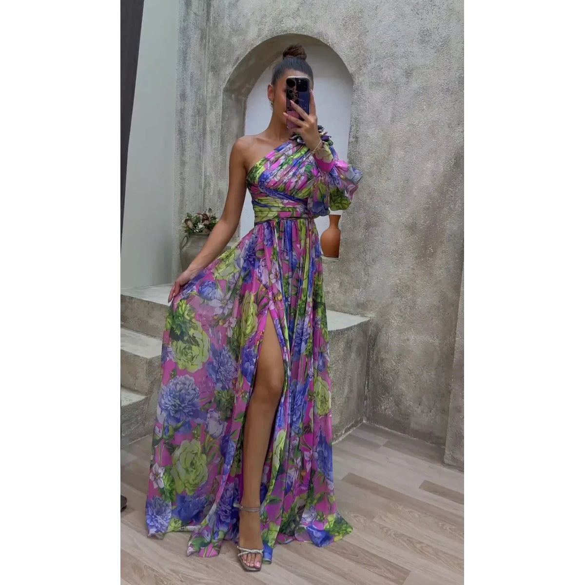 Flowy Shoulder Dress Women Chic Floral Print Summer Event Maxi Dress 0
