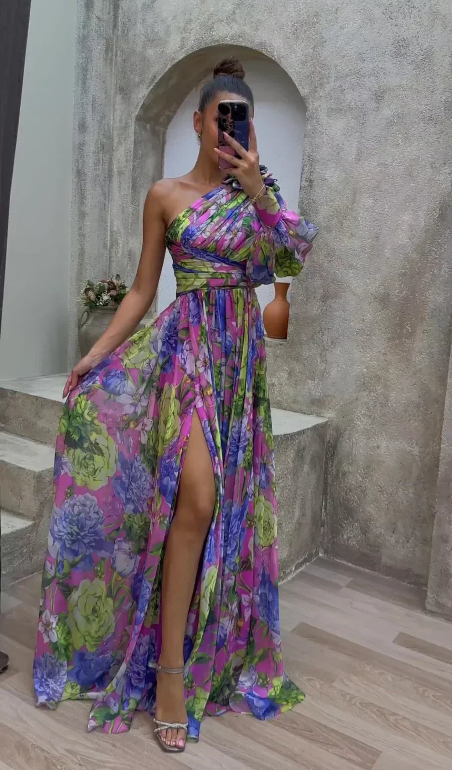 Flowy Shoulder Dress Women Chic Floral Print Summer Event Maxi Dress 0